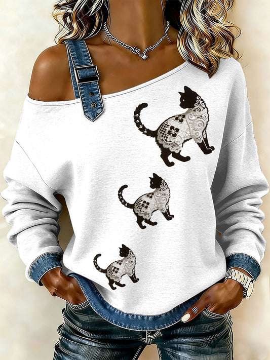 Lace Vintage textura gato feminino imprime camisola Off-ombro Casual