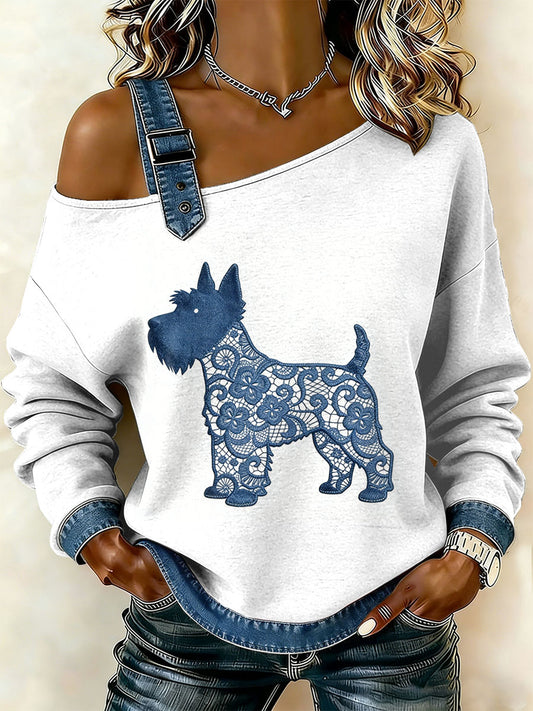 Cão textura do laço Vintage feminino imprimir camisola Off-ombro Casual