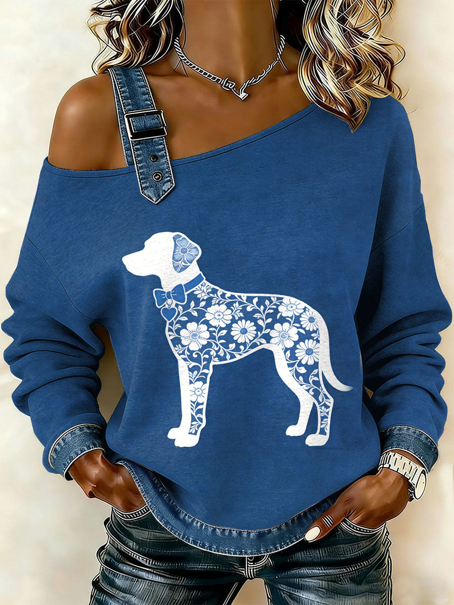 Cão textura do laço Vintage feminino imprimir camisola Off-ombro Casual