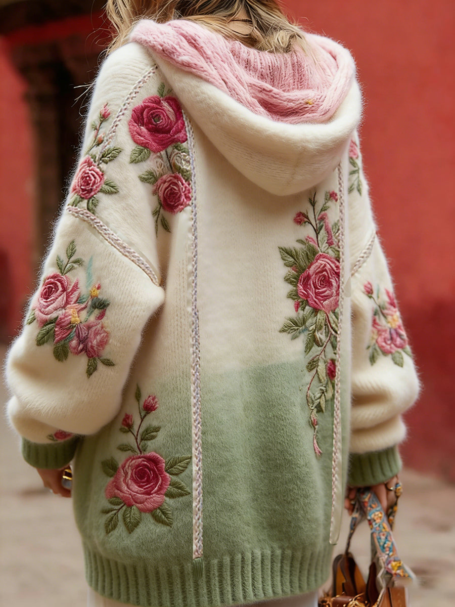 Estilo Vintage consciência de câncer de mama feminino temático padrão Floral Button-Up confortável com capuz Cardigan Sweater