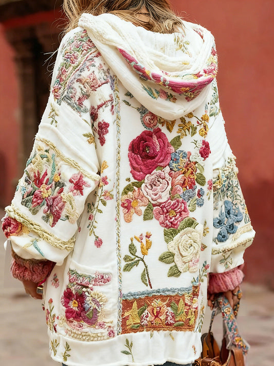 Estilo Vintage consciência de câncer de mama feminino temático padrão Floral Button-Up confortável com capuz Cardigan Sweater