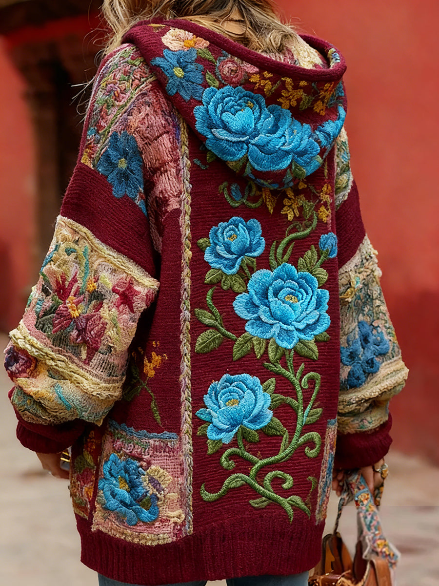 Estilo Vintage consciência de câncer de mama feminino temático padrão Floral Button-Up confortável com capuz Cardigan Sweater