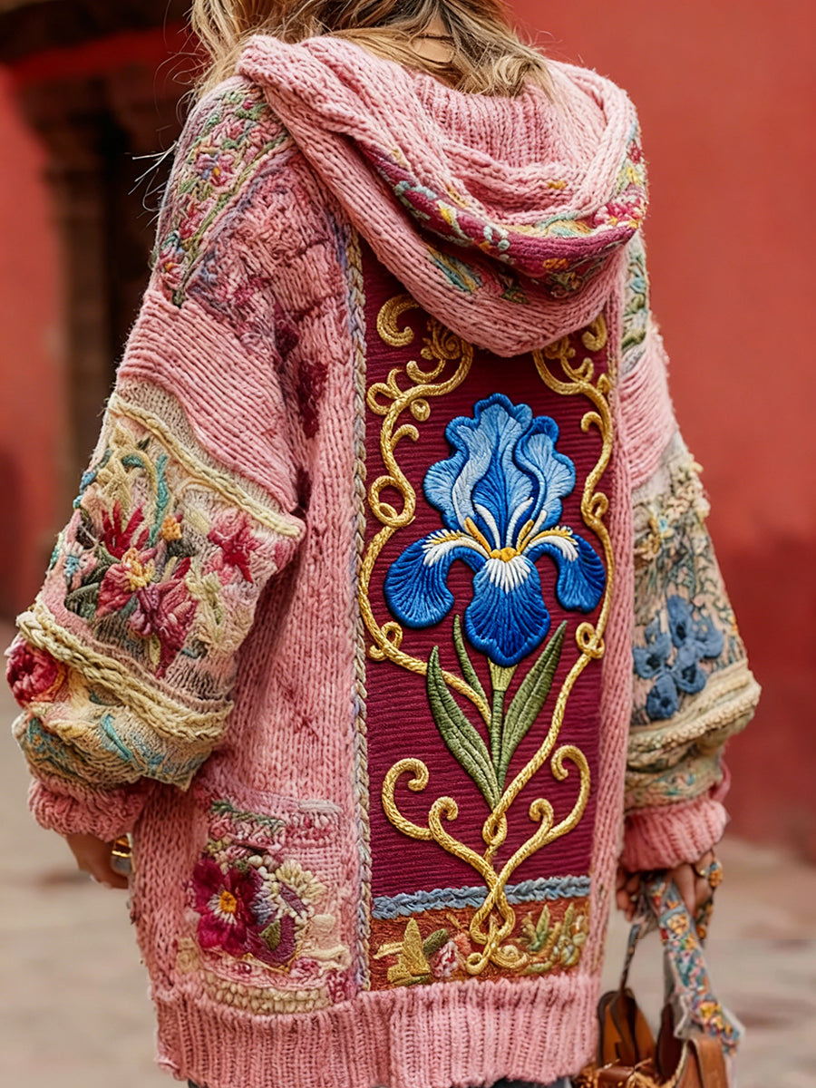 Estilo Vintage consciência de câncer de mama feminino temático padrão Floral Button-Up confortável com capuz Cardigan Sweater