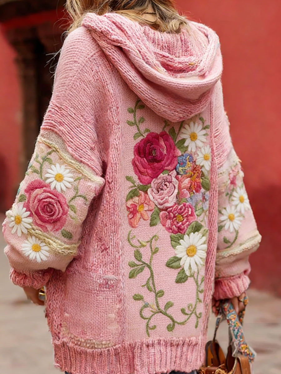 Estilo Vintage consciência de câncer de mama feminino temático padrão Floral Button-Up confortável com capuz Cardigan Sweater