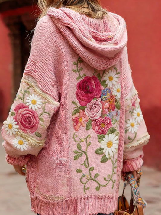 Estilo Vintage consciência de câncer de mama feminino temático padrão Floral Button-Up confortável com capuz Cardigan Sweater