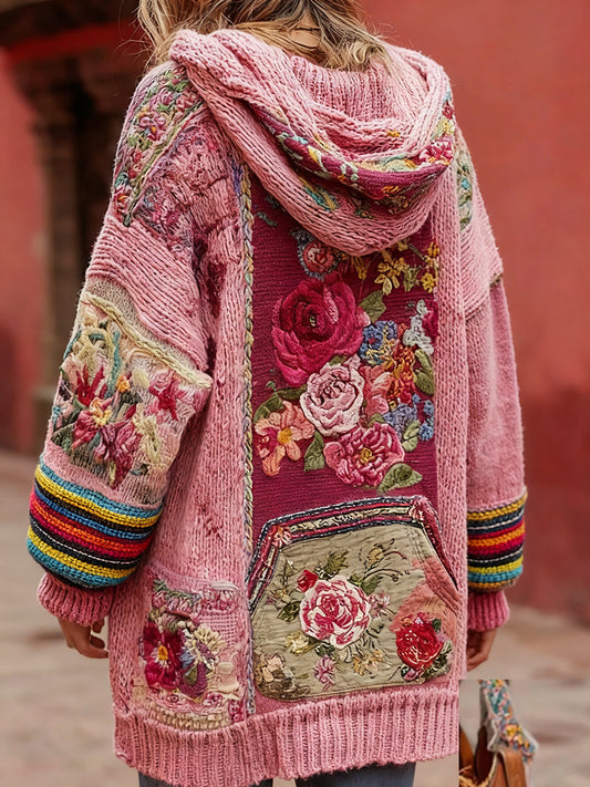 Estilo Vintage consciência de câncer de mama feminino temático padrão Floral Button-Up confortável com capuz Cardigan Sweater