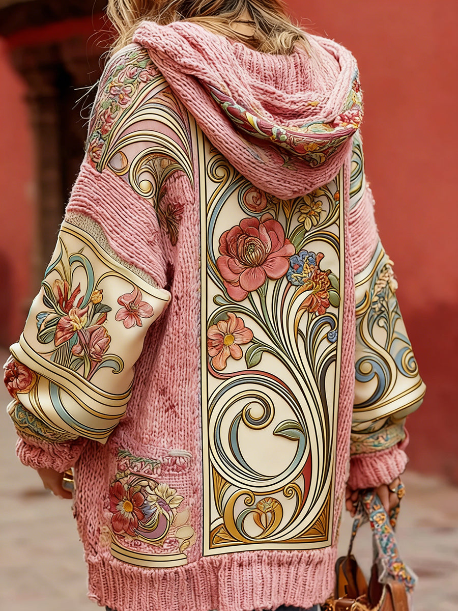 Estilo Vintage consciência de câncer de mama feminino temático padrão Floral Button-Up confortável com capuz Cardigan Sweater