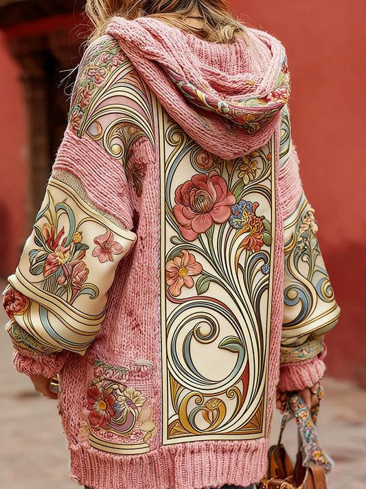 Estilo Vintage consciência de câncer de mama feminino temático padrão Floral Button-Up confortável com capuz Cardigan Sweater