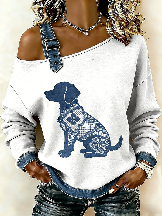 Cão textura do laço Vintage feminino imprimir camisola Off-ombro Casual