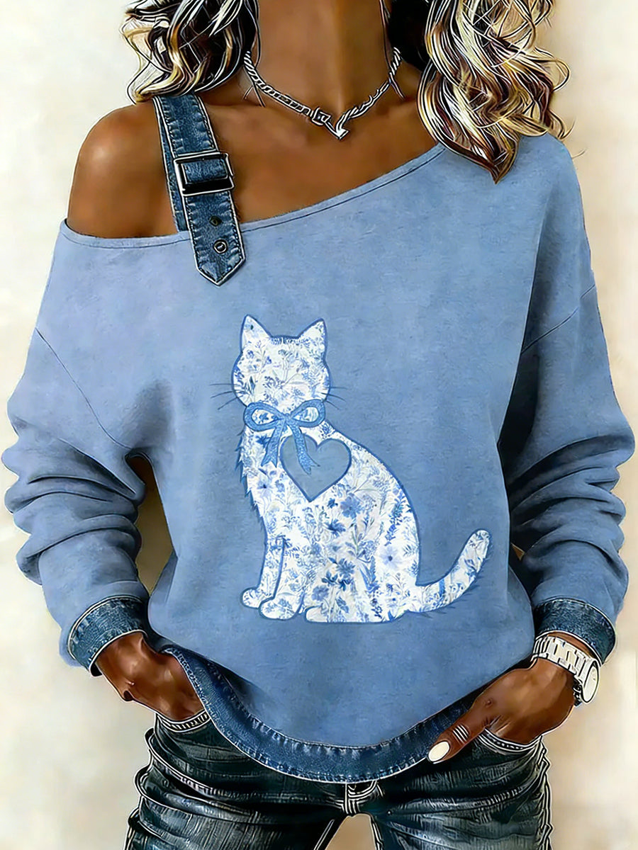 Lace Vintage textura gato feminino imprime camisola Off-ombro Casual