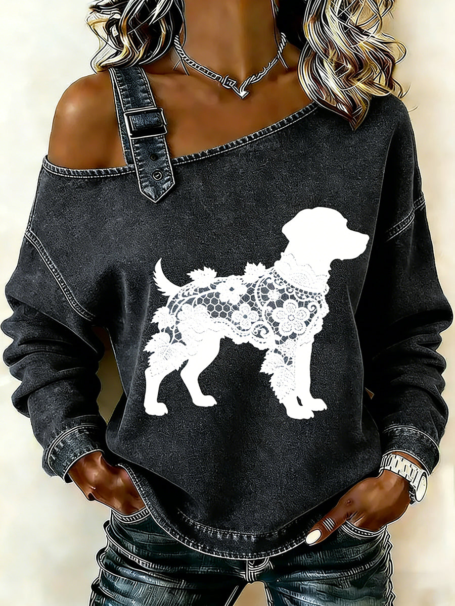 Cão textura do laço Vintage feminino imprimir camisola Off-ombro Casual