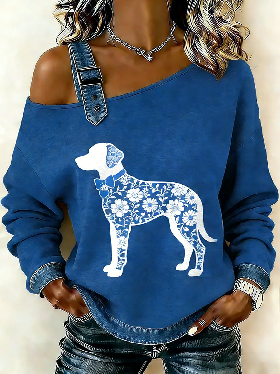 Cão textura do laço Vintage feminino imprimir camisola Off-ombro Casual
