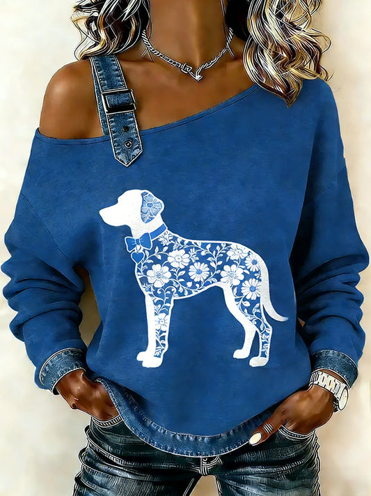 Cão textura do laço Vintage feminino imprimir camisola Off-ombro Casual