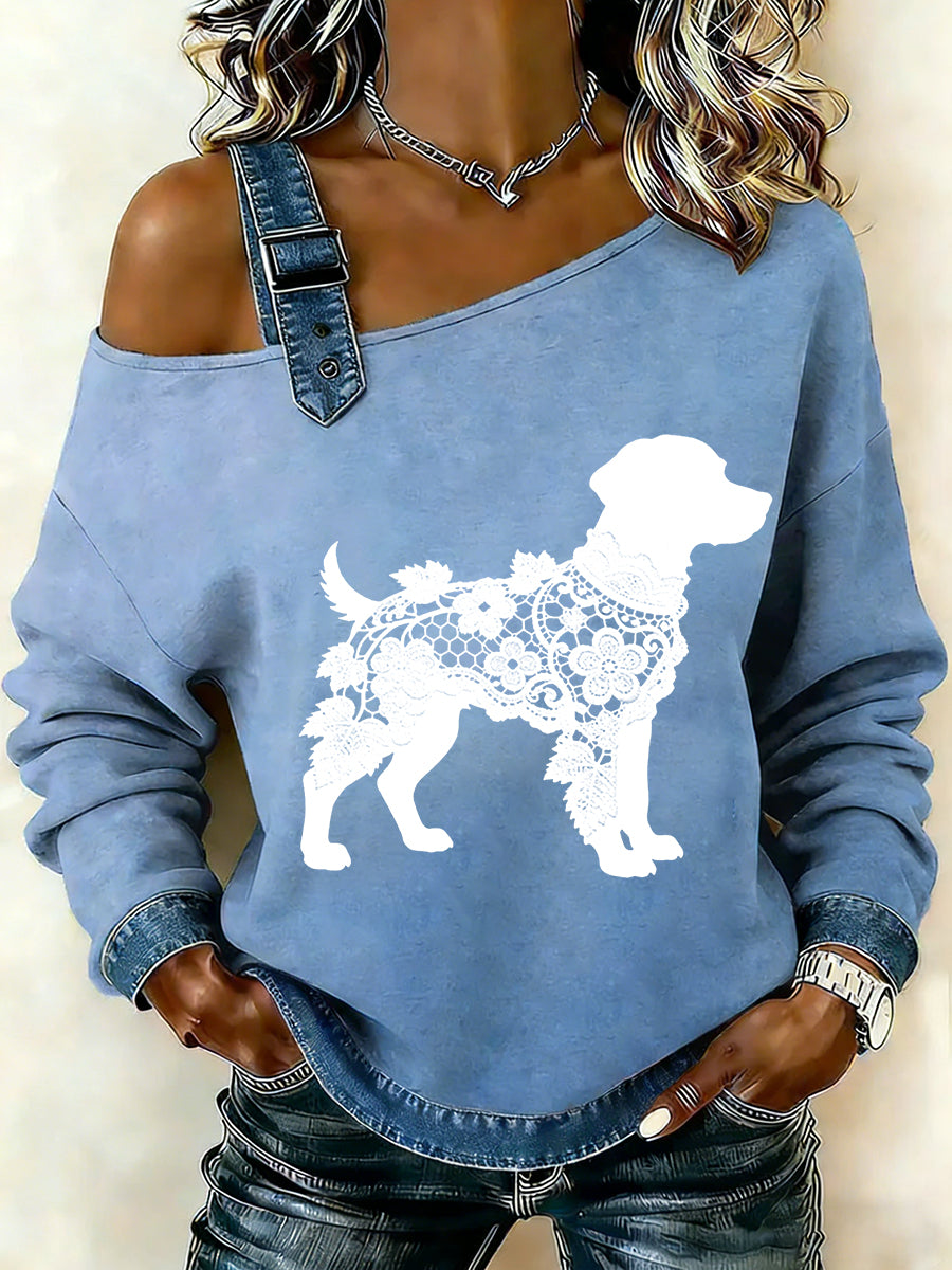 Cão textura do laço Vintage feminino imprimir camisola Off-ombro Casual