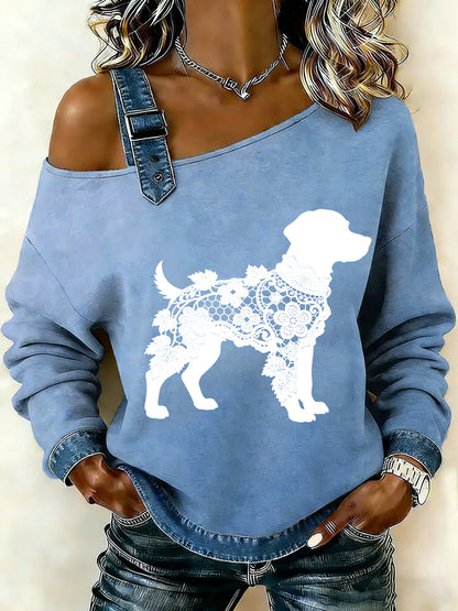 Cão textura do laço Vintage feminino imprimir camisola Off-ombro Casual