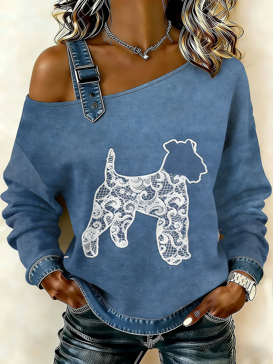 Cão textura do laço Vintage feminino imprimir camisola Off-ombro Casual