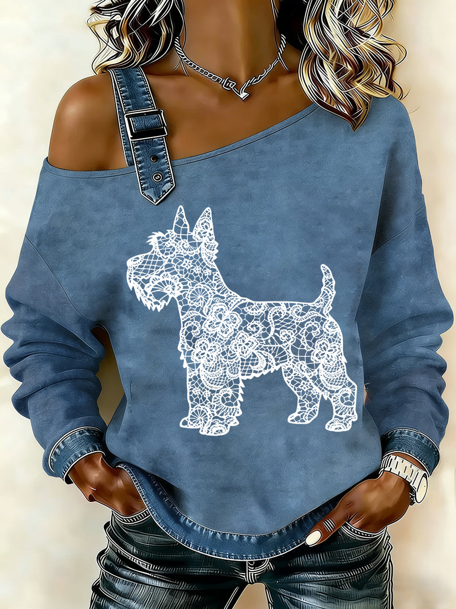 Cão textura do laço Vintage feminino imprimir camisola Off-ombro Casual