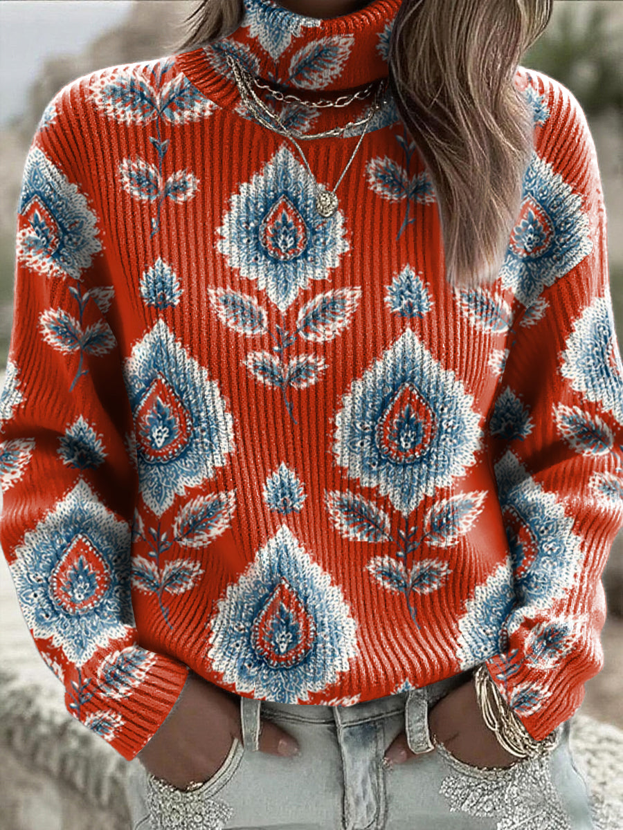 Camisola de gola alta vermelha Paisley impressão feminina