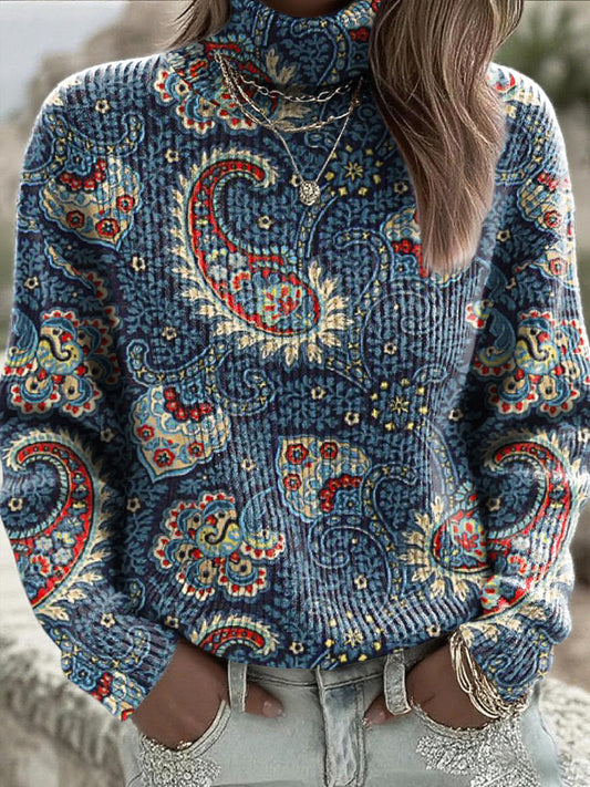 Camisola de gola alta azul marinho tradicional Paisley impressão feminino