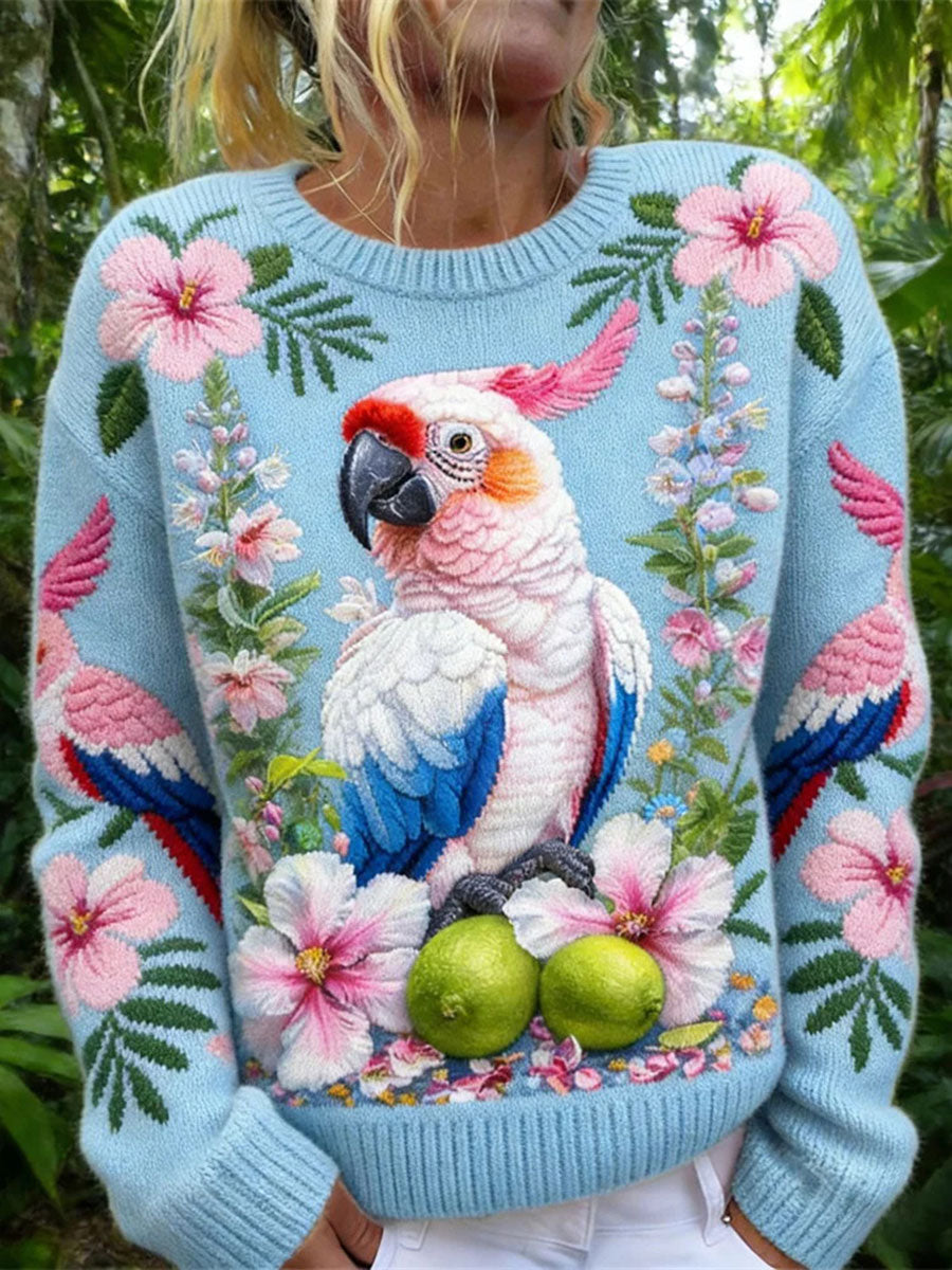 Camisola casual da impressão do papagaio das mulheres