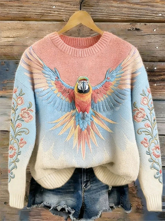 Camisola casual da impressão do papagaio das mulheres
