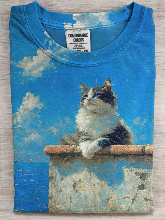 Praia Janela Gato Imprimir Casual Manga Curta T-shirt