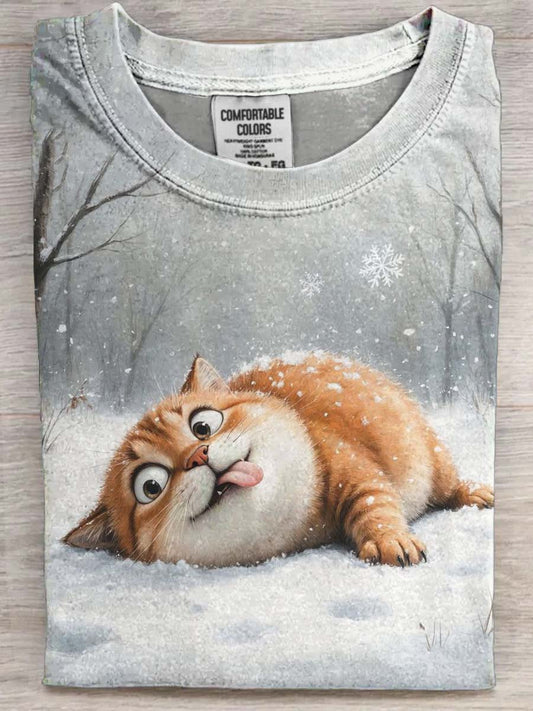Gato Laranja Nevado Engraçado Imprimir Casual Camiseta De Manga Curta