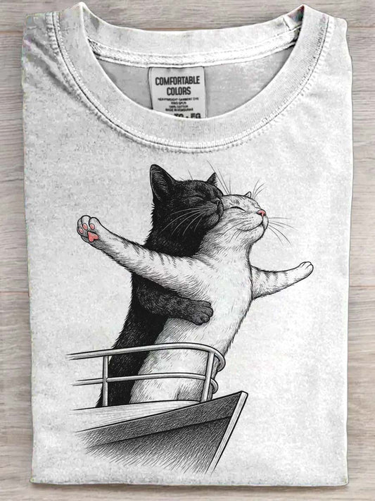 Titanic gato abstrato imprimir camiseta casual de manga curta