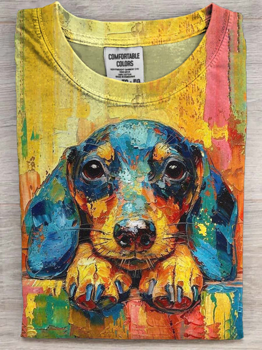 Pintura a óleo estilo dachshund impressão casual manga curta t-shirt