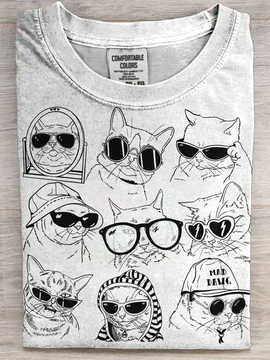 Gato fresco abstrato imprimir camiseta casual de manga curta