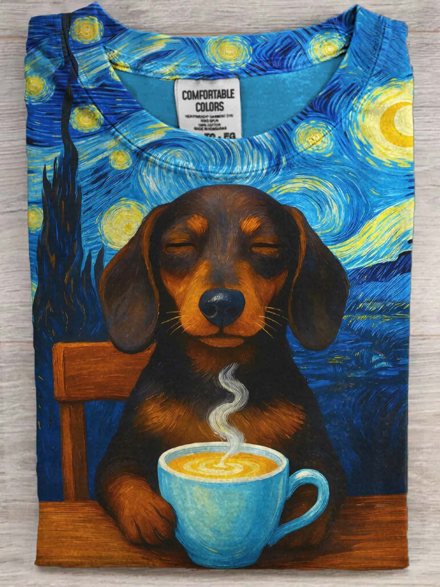 Abstrato Starry Sky Dachshund Imprimir Casual de manga curta T-shirt