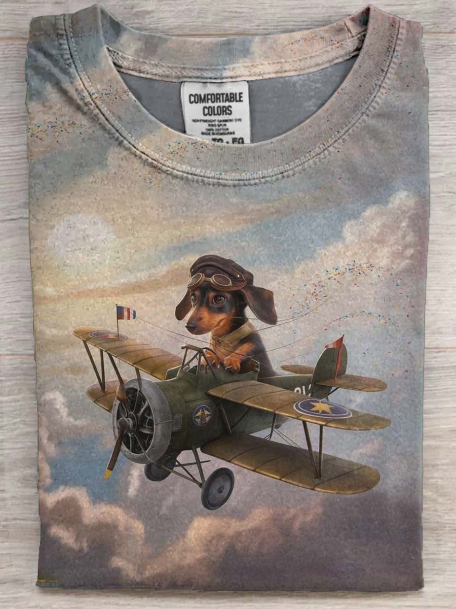 Piloto Dachshund Imprimir Casual Camiseta de manga curta