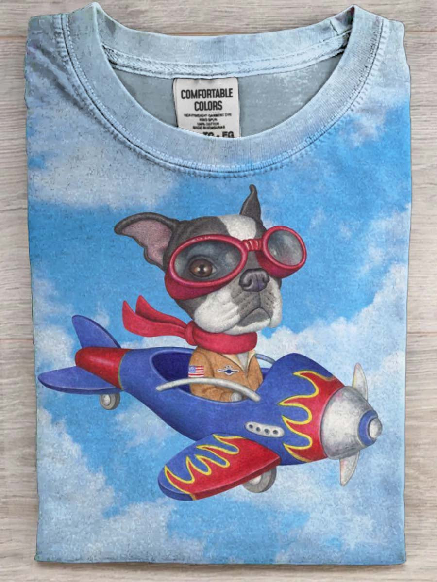 Piloto Buldogue Francês Impressão Casual Camiseta de Manga Curta
