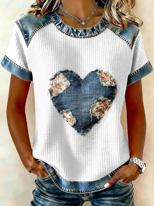 Vintage coração flores Patchwork t-shirt manga curta Casual feminino impressão
