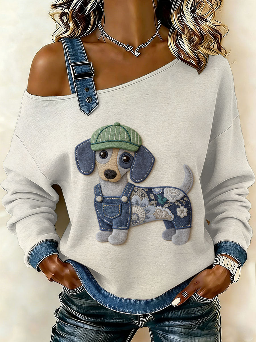Cão Vintage Patchwork impressão Casual Off-ombro moletom feminino
