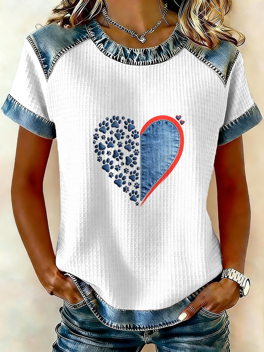 Patchwork de pata de cachorro Vintage feminino imprime camiseta de manga curta Casual