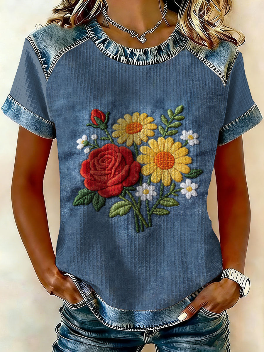 Patchwork Floral Vintage feminino imprime camiseta de manga curta Casual