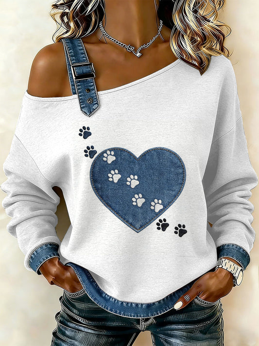 Coração Vintage Patchwork impressão Casual Off-ombro moletom feminino