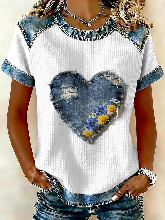 Vintage coração flores Patchwork t-shirt manga curta Casual feminino impressão