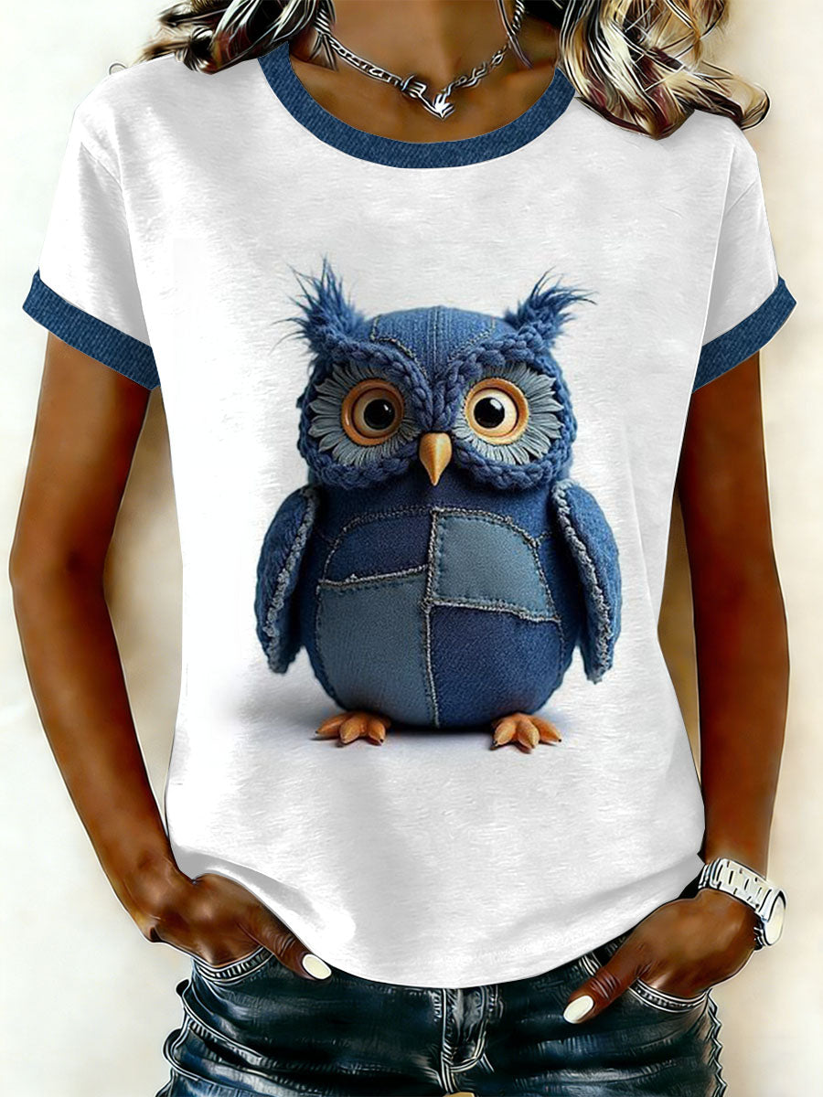 T-shirt de manga curta Retro coruja padrão Casual feminino