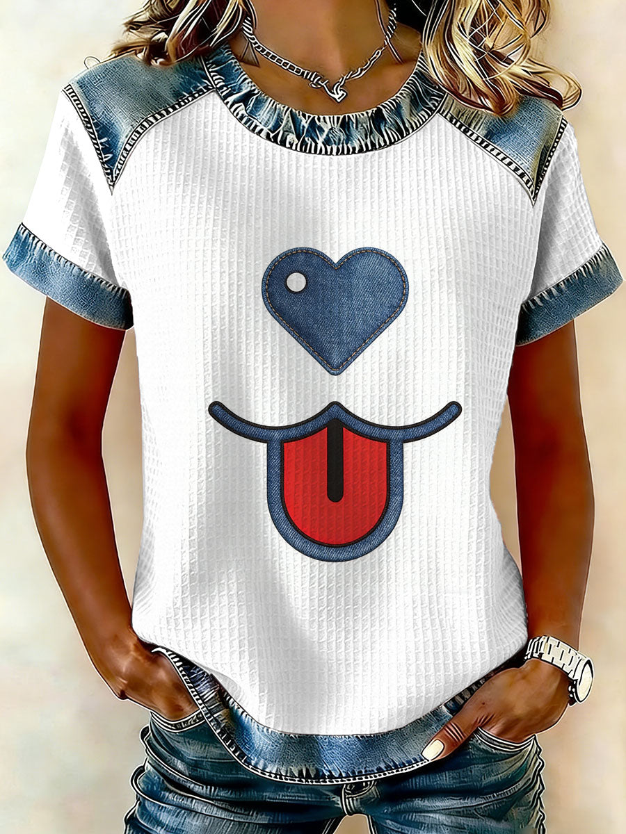 Patchwork do cão Vintage feminino imprimir camiseta de manga curta Casual