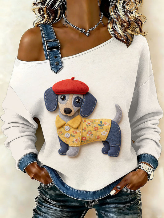 Cão Vintage Patchwork impressão Casual Off-ombro moletom feminino