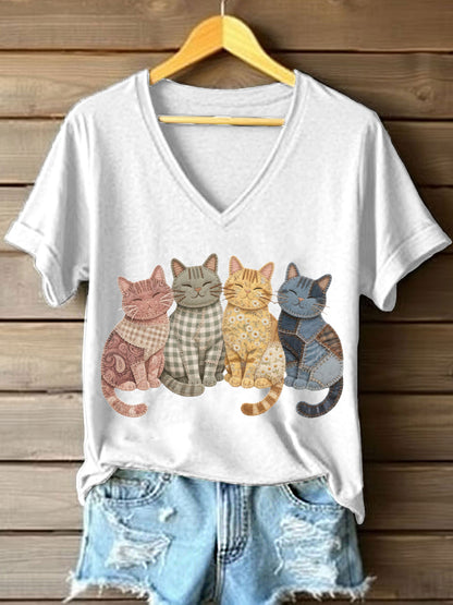 Adorável gatos Patchwork padrão v-Neck t-shirt das mulheres