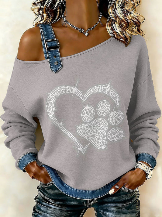 Coração Vintage Patchwork impressão Casual Off-ombro moletom feminino