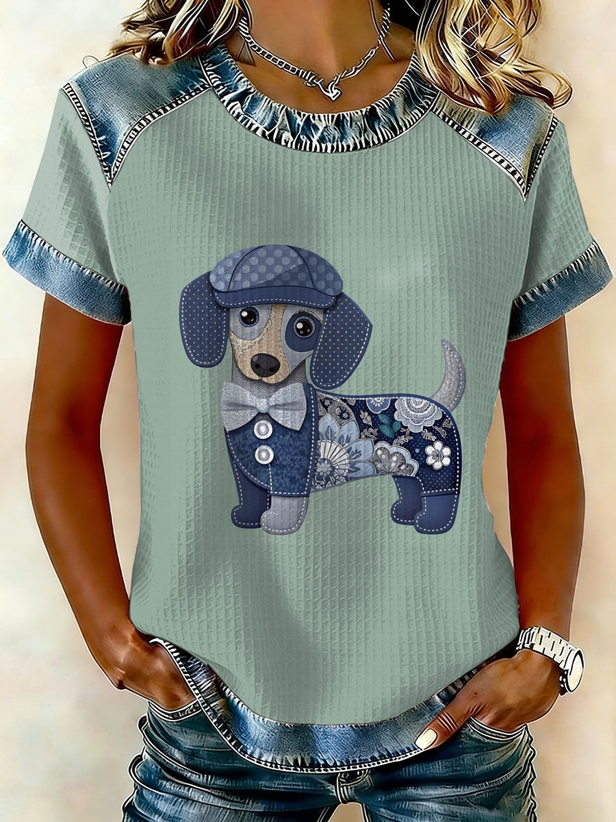 Patchwork do cão Vintage feminino imprimir camiseta de manga curta Casual