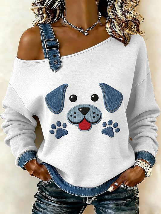 Cão Vintage Patchwork impressão Casual Off-ombro moletom feminino