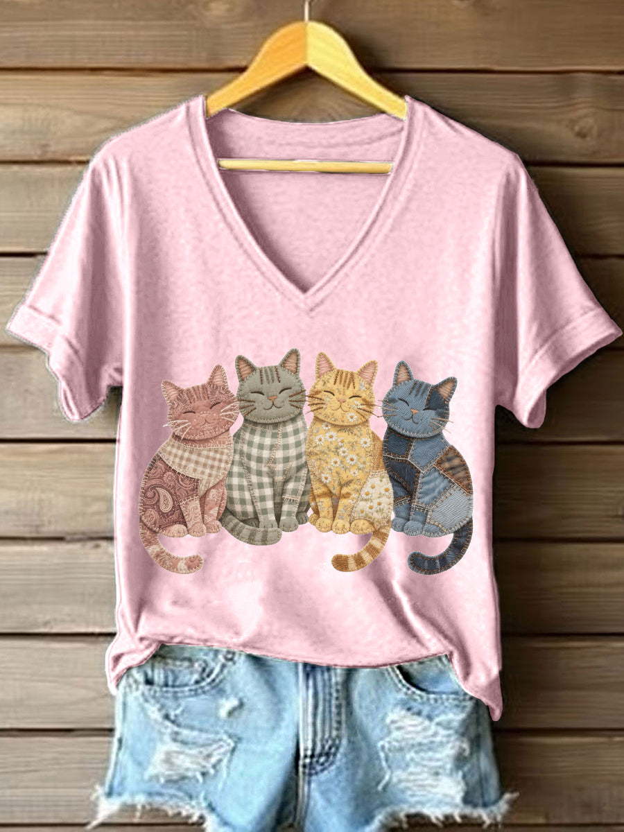 Adorável gatos Patchwork padrão v-Neck t-shirt das mulheres