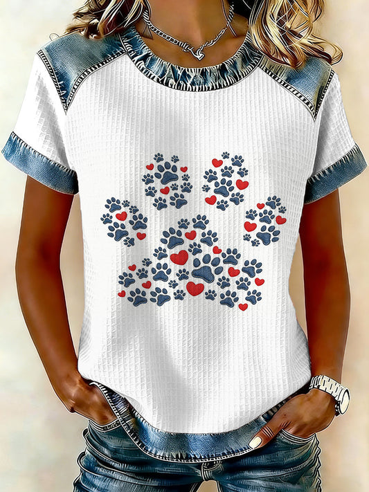 Patchwork de pata de cachorro Vintage feminino imprime camiseta de manga curta Casual