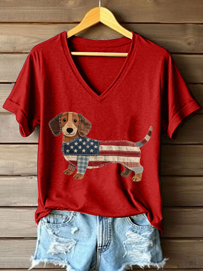 Adorável Dachshund Patchwork Padrão v-Neck t-shirt do mulheres