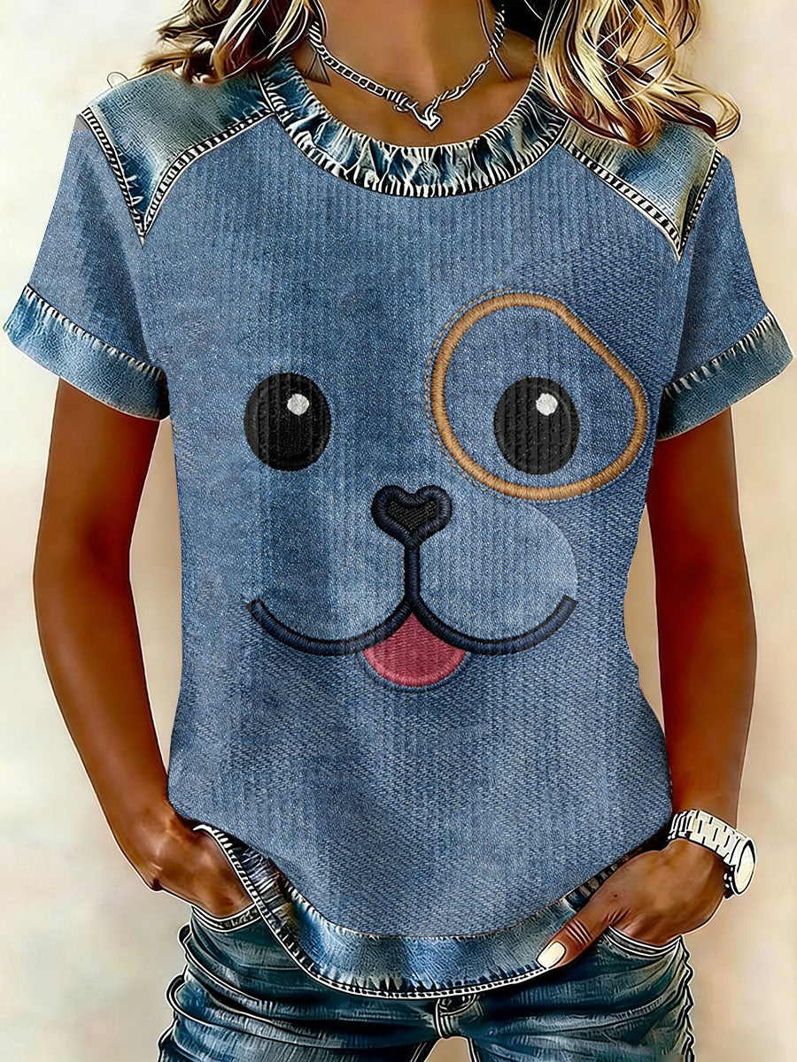 Patchwork do cão Vintage feminino imprimir camiseta de manga curta Casual